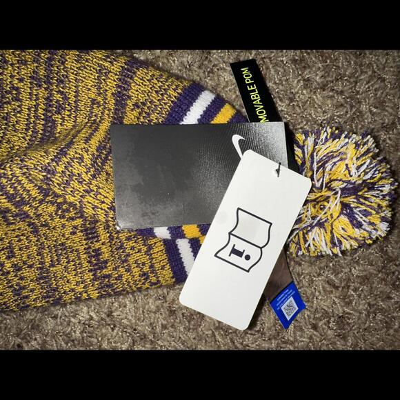 Nike LSU Tigers Purple Sideline Logo Cuffed Knit Hat with Pom Sample - Picture 11 of 11